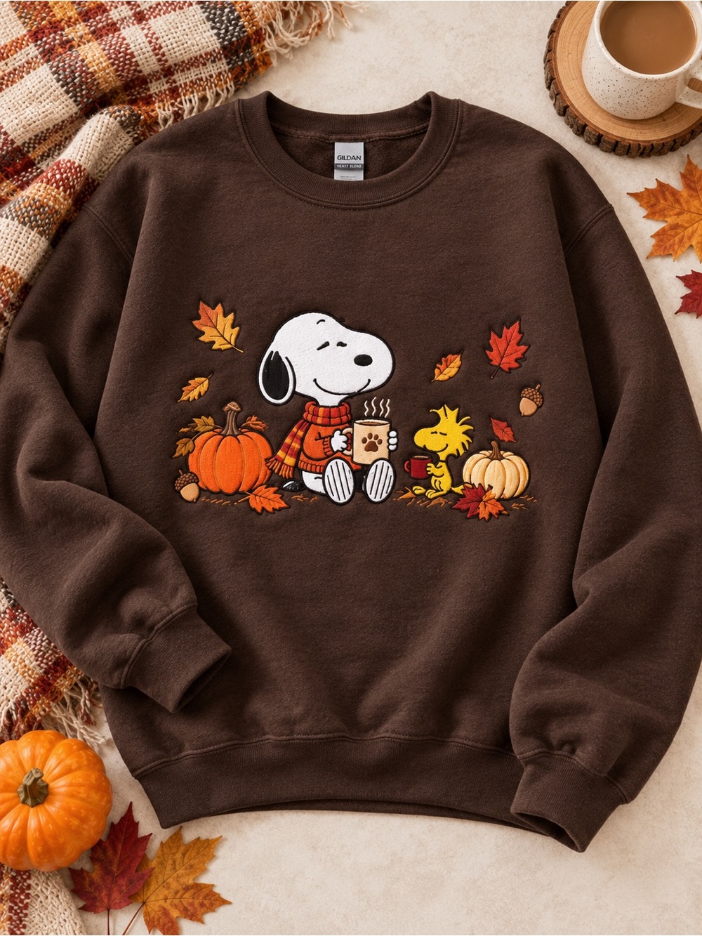Gildan Brown Crewneck Sweatshirt with Autumn Dog and Pumpkin Gildan